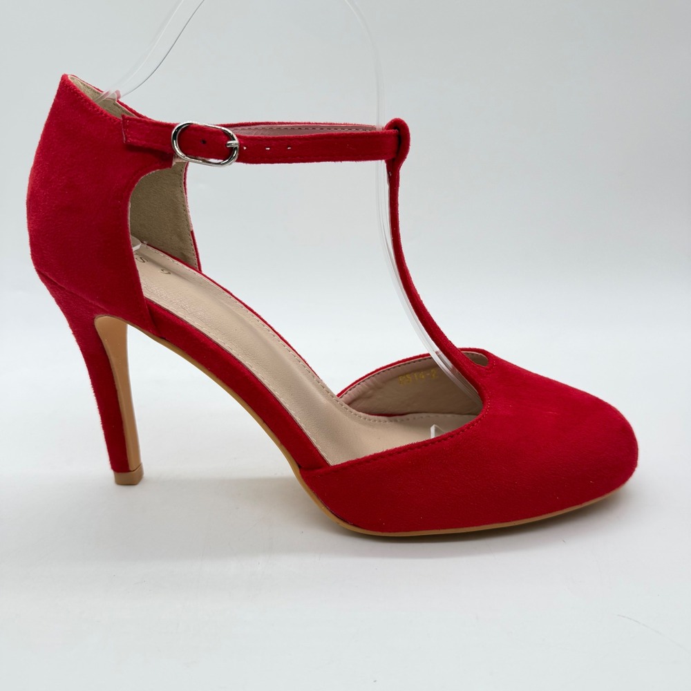 Red Faux Suede T-Strap Pumps Womens Size 9 Round Toe Stiletto Heels Ankle Strap - Picture 3 of 8